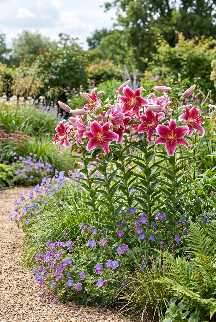 Lilium Stargazer — groep in de tuinborder