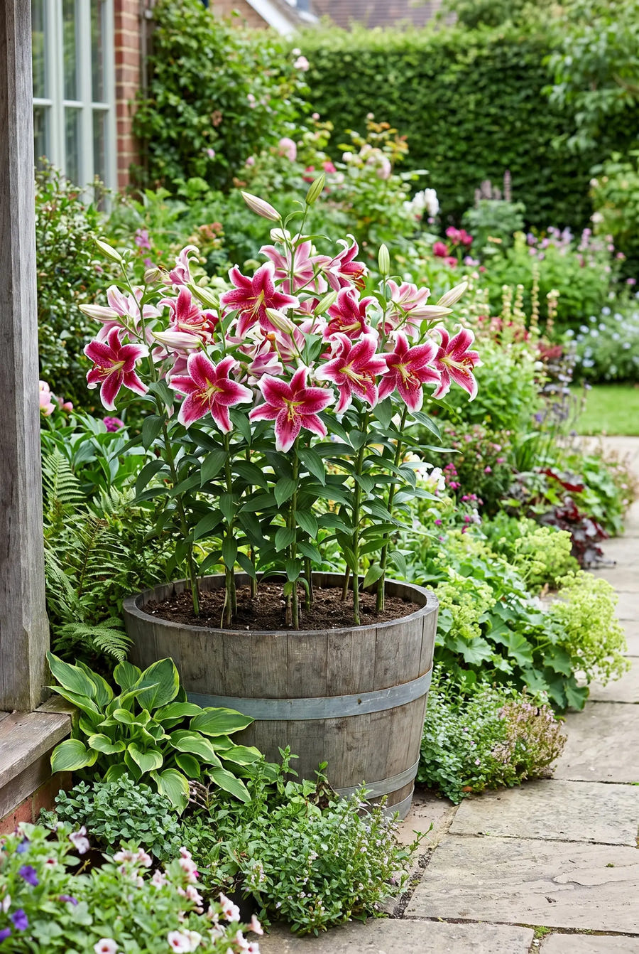 Lilium Stargazer — in pot op terras