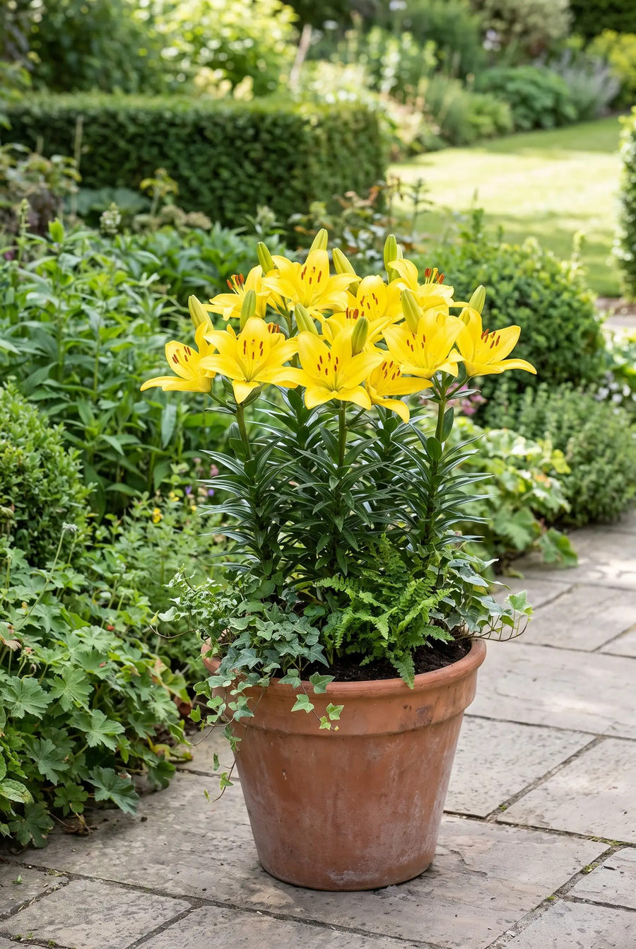 Lilium Yellow — in pot op terras