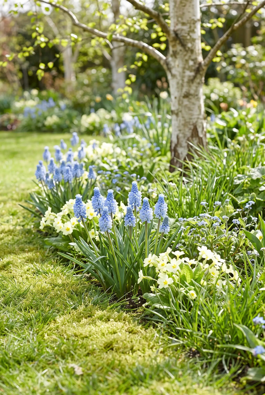 Muscari Azureum — groep in de tuinborder