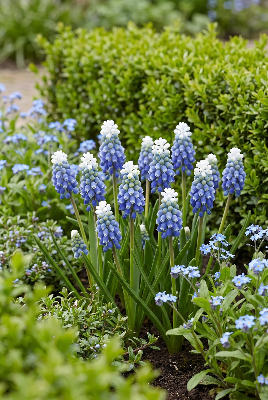 Muscari Touch of Snow — groep in de tuinborder