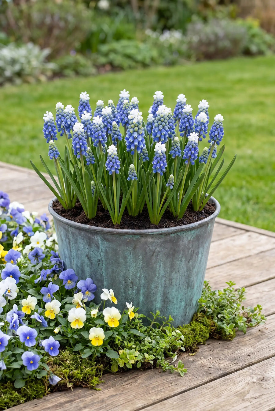 Muscari Touch of Snow — in pot op terras