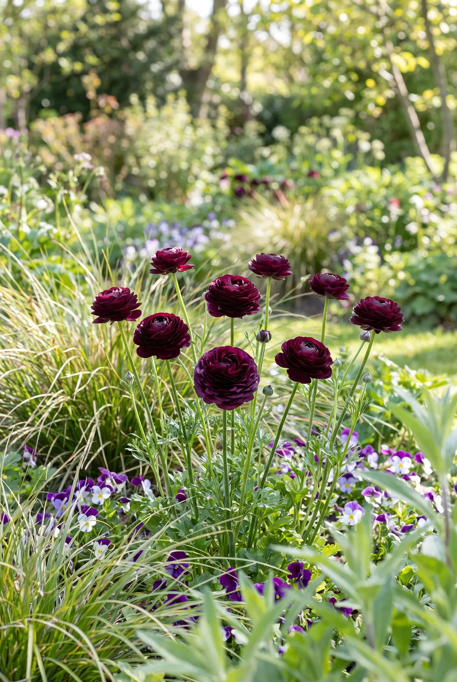 Ranunculus Purple — groep in de tuinborder