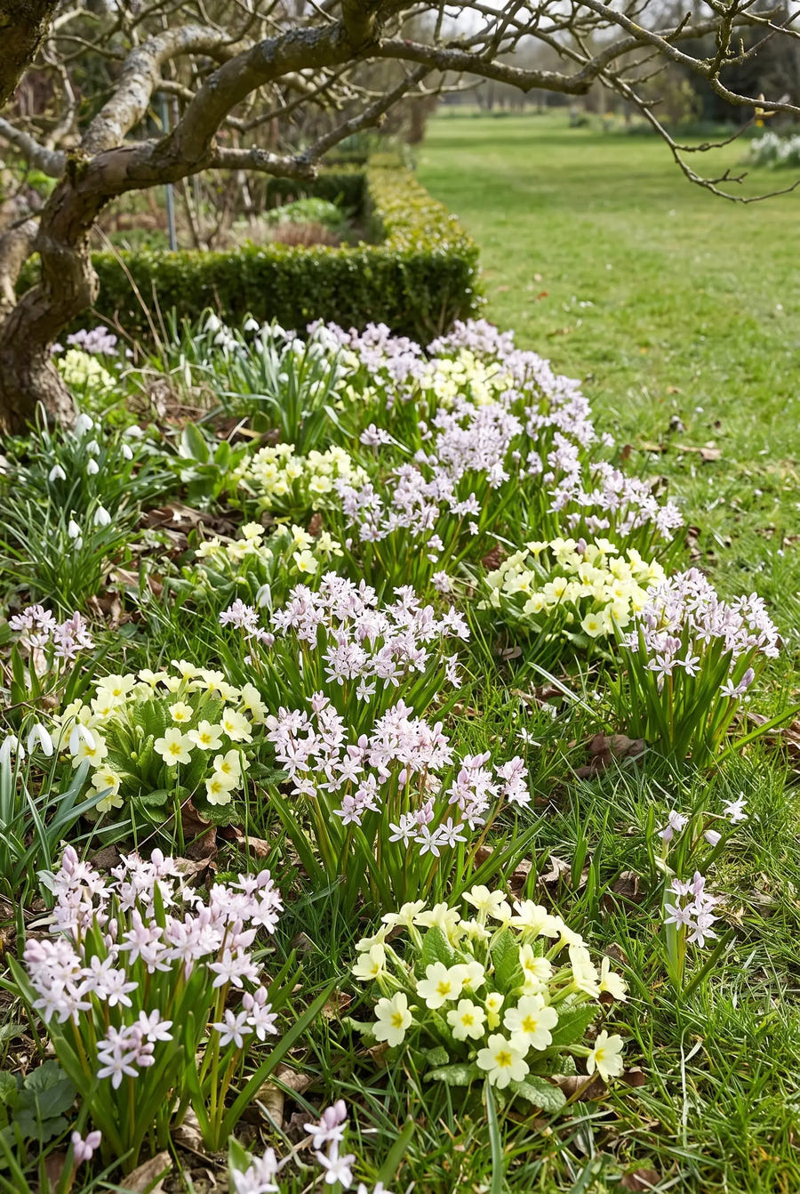 Scilla Bifolia Rosea — groep in de tuinborder