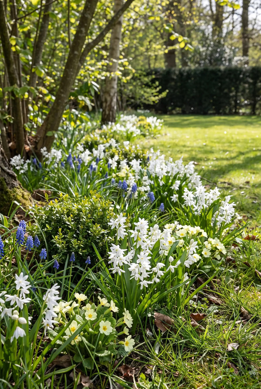 Scilla Siberica Alba — groep in de tuinborder