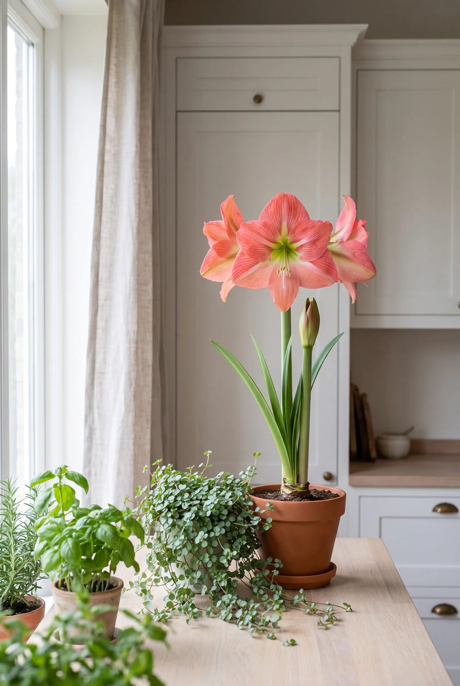 Hippeastrum Terracotta Star in bloei, sfeerbeeld