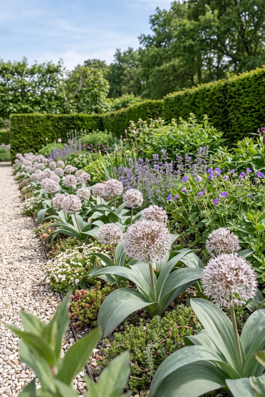 Allium Karataviense — groep in de tuinborder