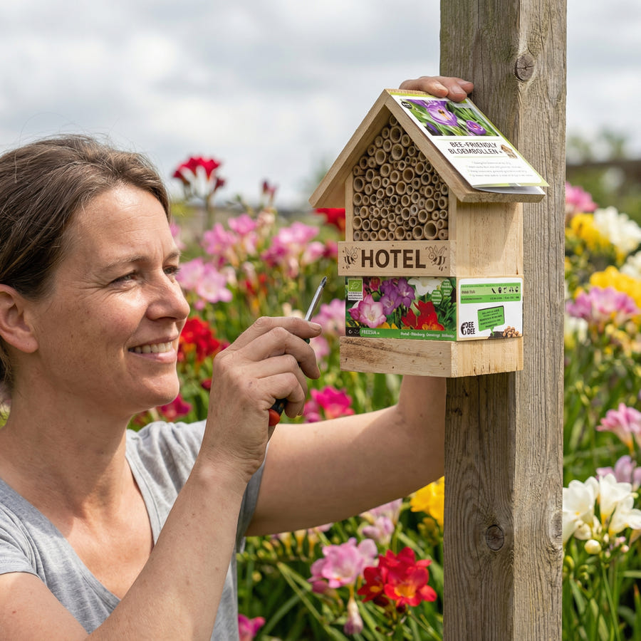 Bee Hotel avec bulbes de freesia