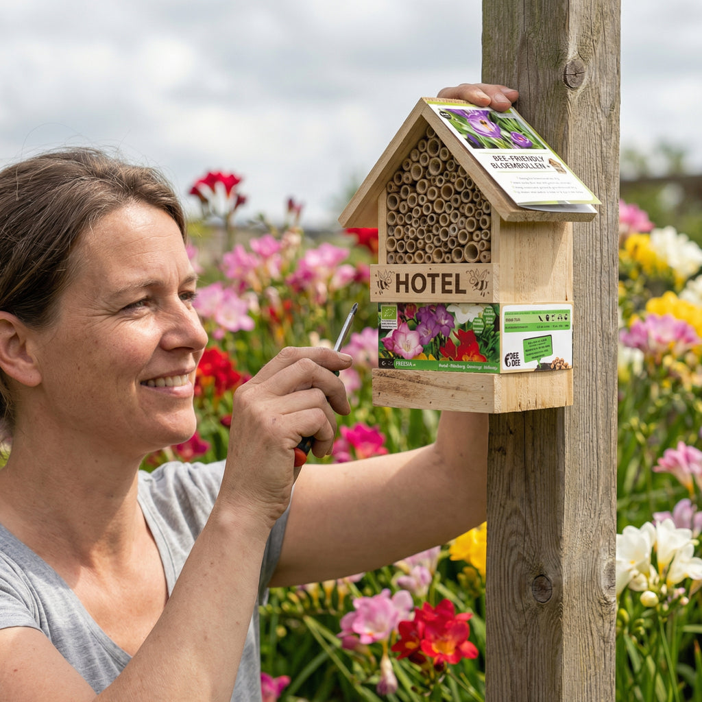 Bee Hotel avec bulbes de freesia