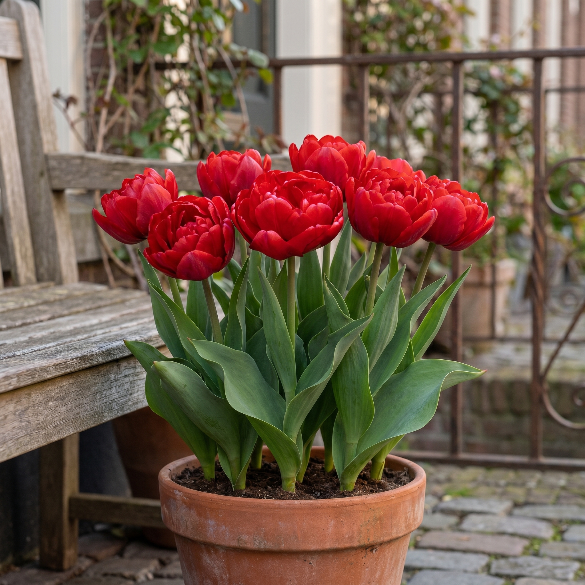 Tulipa Abba in een terracotta pot op een terras