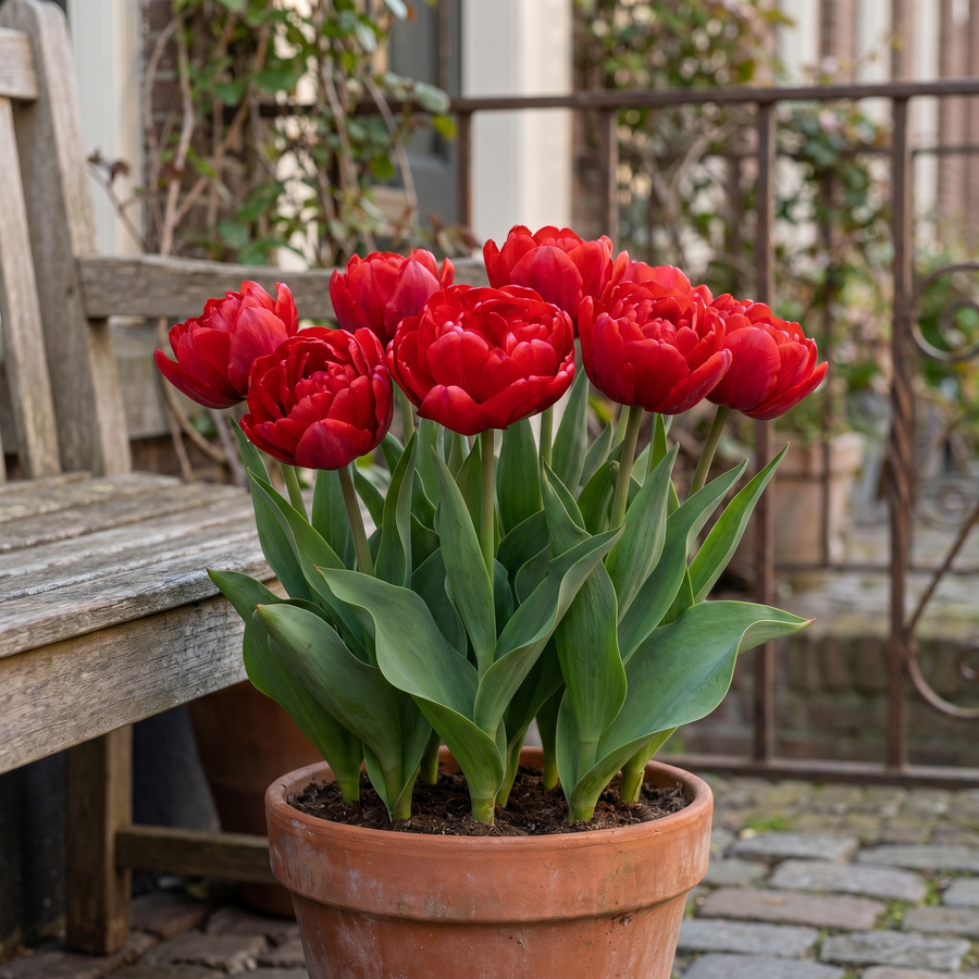 Tulipa Abba in een terracotta pot op een terras