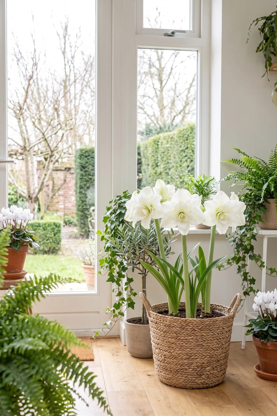 Hippeastrum White Nymph — in pot op terras, extra beeld
