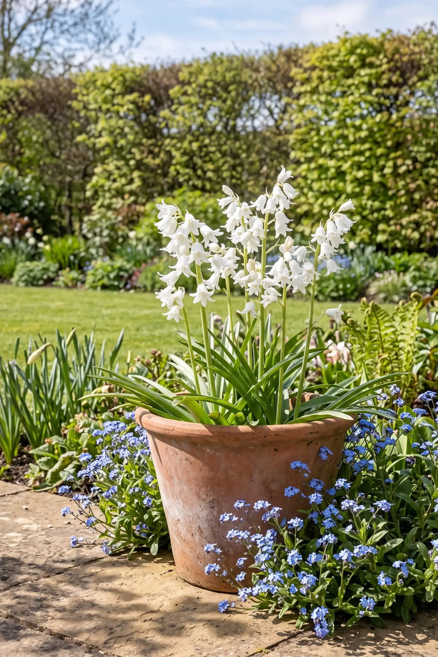 Hyacinthoides White — in pot op terras, extra beeld