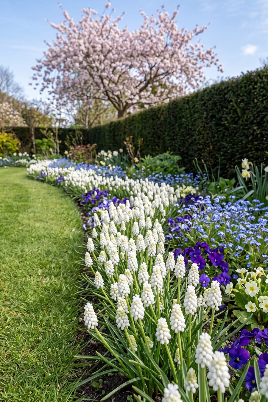 Muscari White Magic — groep in de tuinborder