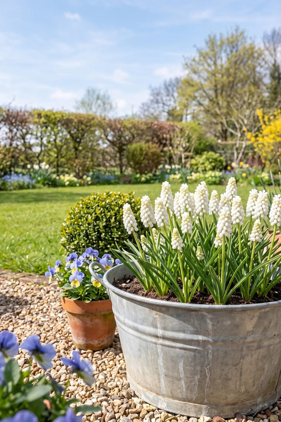 Muscari White Magic — in pot op terras
